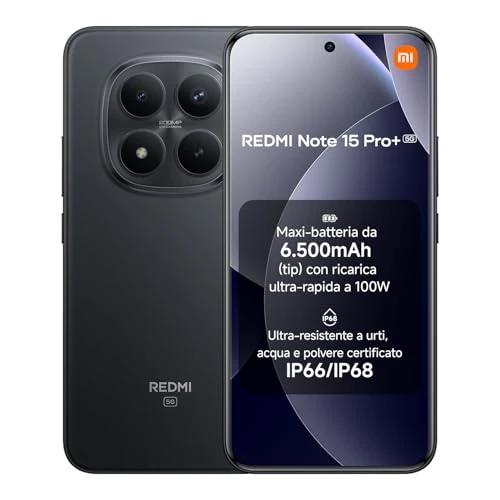 XIAOMI Redmi Note 15 Pro+ 5G Smartphone (8+256 GB) – 6500-mAh-Akku, IP66/IP68 Staub- und Wasserschutz, Neue 200-MP-Kamera, 6,83" AMOLED-Display, Schwarz, 2 Jahre Garantie