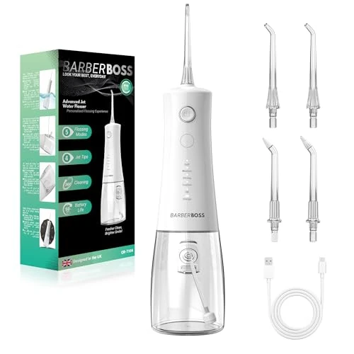 Tijdelijke aanbieding: BarberBoss Geavanceerde waterflosser, 5 drukmodi en 340 ml grote tank, IPX8 waterdichte mondirrigator, 4 straaltips en reisslot, waterflosser voor tanden en tandvlees, draagbare flosser QR-7104 (wit) van 32.99 € naar 32.99 € (0.00% 