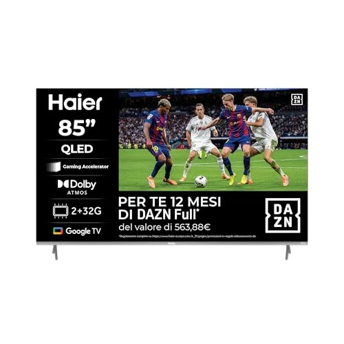 Offerta a tempo: Haier QLED, 4K UHD H85Q80FUX 85'' Smart TV, Google TV, Dolby Audio, HDR 10, Telecomando Smart, Google Assistant, Bluetooth 5.1, Gaming 120Hz, USB 2.0, DBX TV, HDMI x4, 12 Mesi Abbonamento DAZN inclusi - 0.00% da 692.18 € a 692.18 €