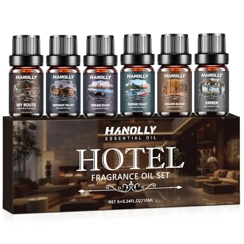 Offerta a tempo: HANOLLY Oli Essenziali per Diffusori Hotel 6x10ml, Olio Essenziale Naturali per Aromaterapia Massaggio Candele Fai da Te Profumo casa, Mia Rotta, Stato di Sogno, Fioritura Dorata, Brace, Costa Serena - 30% da 19.99 € a 13.99 €