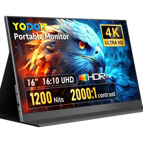 Yodoit Portable Monitor 16" 4K 3840 x 2400 UHD 1200 Nits Screen with Smart Cover, IPS Display with Type C, Mini-HDMI, Built-in Speakers, Compatible with PC, Laptop, MacBook, PS3/4/5