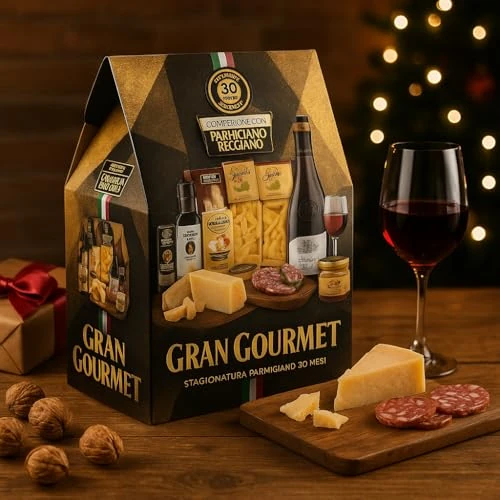 Cesto Regalo Gran Gourmet 9 Pezzi – Selezione di Prodotti Tipici Italiani di Alta Qualità con Pasta Artigianale, Salumi, Vino, Salse e Specialità Gastronomiche – Idea Regalo Raffinata per Feste