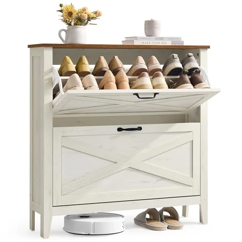 Offerta a tempo: VASAGLE LIRY Collezione - Scarpiera con 2 Scomparti a Ribalta, Scarpiera Ingresso Slim, Stile Farmhouse, per 12-16 Paia di Scarpe, Bianco Vintage HSC201W01 - 15% da 89.99 € a 76.49 €