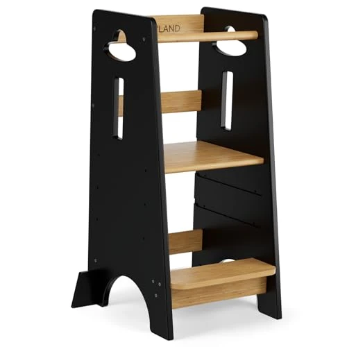 COSYLAND Lernturm ab 1 Jahr - Höhenverstellbarer Learning Tower für Kinder (3-stufig) - Montessori Lernturm mit Kippschutz & Massivholz (Natur und Schwarz)