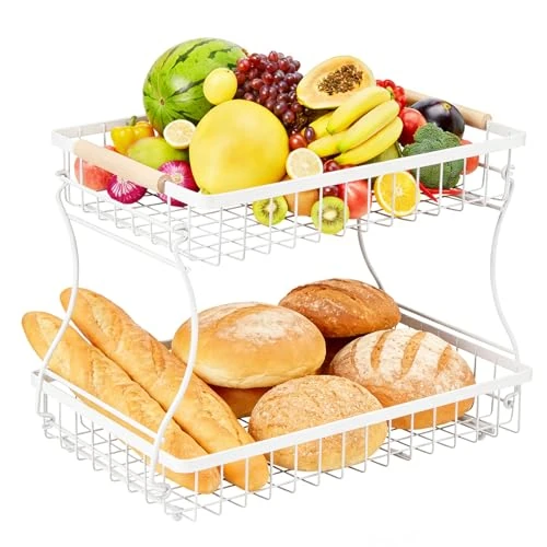 Offerta a tempo: VINATO Portafrutta 2 Ripiani, Maniglie Legno, Metallo per Cucina & Bagno - 0.00% da 20.99 € a 20.99 €