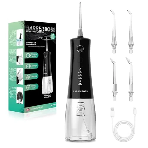 Offerta a tempo: BarberBoss Idropulsore dentale senza fili, irrigatore orale con 4 punte getto e 5 modalità pressione, pulitore professionale per denti e gengive, serbatoio dell'acqua da 340 ml e IPX8, QR-7105 (nero) - 0.00% da 21.44 € a 21.44 €