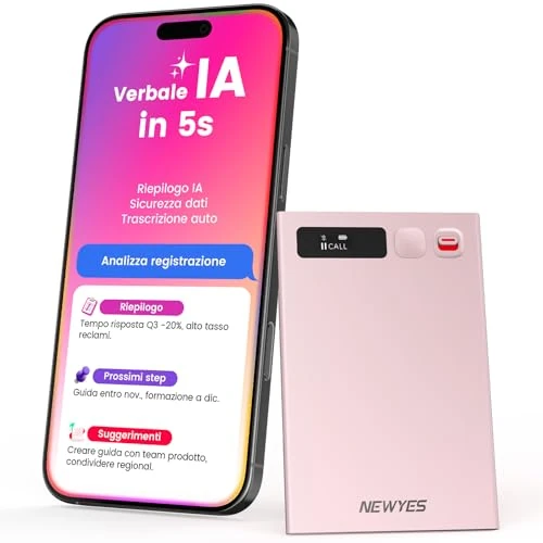 Offerta a tempo: NEWYES Registratore Vocale AI con app dedicata,trascrivi e riepiloga,Durata della batteria di 35 ore,memoria da 64 GB per riunioni,lezioni,chiamate,affari, lezioni (rosa) - 40% da 99.99 € a 59.99 €