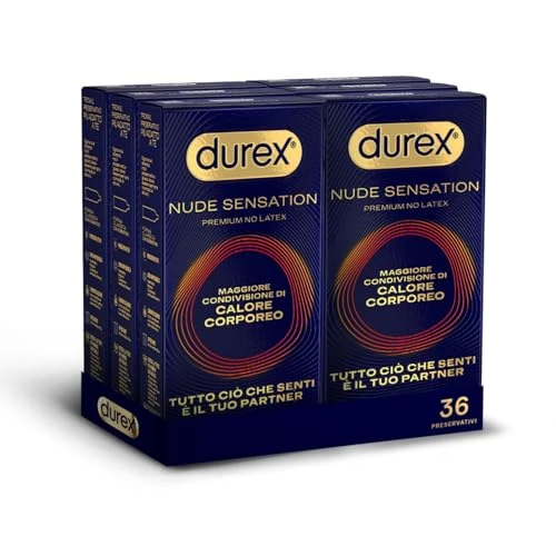 Offerta a tempo: Durex Nude Sensation, Preservativi in Nitrile, Senza Lattice di Gomma Naturale, Ultra Sottili ed Extra Lubrificati, Maggiore Condivisione di Calore Corporeo, vestibilità Regular, 36 Profilattici - 34% da 39.99 € a 26.49 €