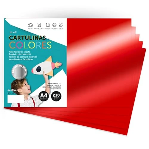 Cartoncino Colorato Metallizzato, Fogli A4 21x29,7cm, Cartoncini 230g per Fai da Te, Progetti Creativi e Arte con Effetto Riflettente m-office (25 fogli, rosso)