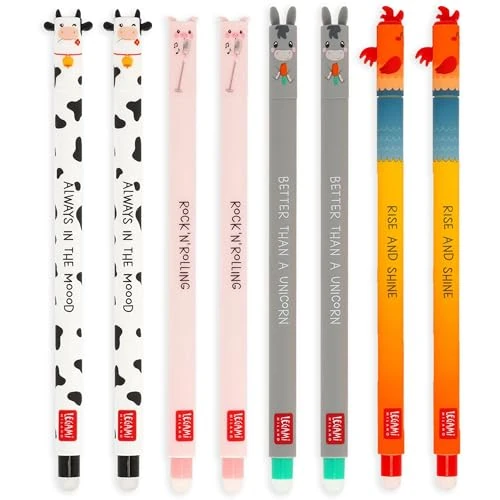 LEGAMI Farm Sweet Farm - Juego de 8 bolígrafos de gel borrables con tinta termosensible borrable, negro, rosa, verde, rojo, borrado sin usar el papel, punta de 0,7 mm