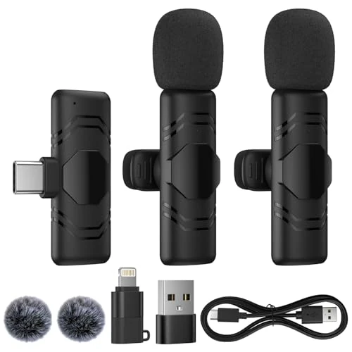 Mini Micrófono Inalámbrico Solapa para iPhone,Android,iPad,2 Pack Micrófono Solapa Wireless para Grabación de Vídeo, Youtube, Twitch, TikTok, Vlog, Podcast, en Vivo con cancelación de Ruido,Plug-Play
