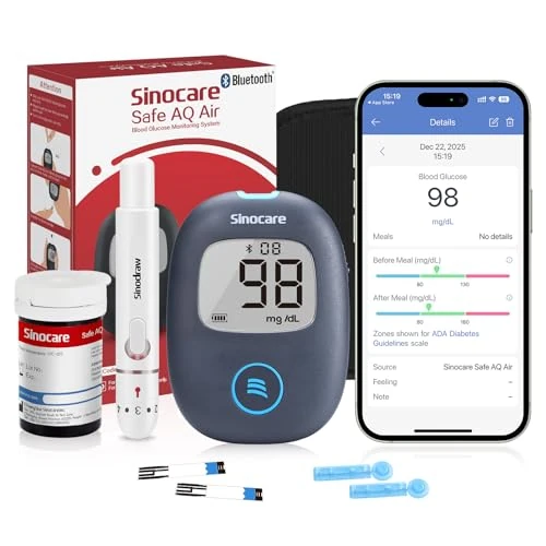 Offerta a tempo: Sinocare Safe AQ Air Misuratore Glicemia Bluetooth, Glucometro con 25 strisce reattive e 25 lancette, Misuratore di Glicemia Bluetooth con App, 0,6 µL di sangue e risultati in 5 secondi - 15% da 22.89 € a 19.45 €