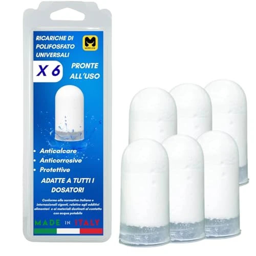 Polifosforany kocioł wyprodukowany we Włoszech – 6 uniwersalnych wkładów do filtrów antykorozyjnych odkamieniających | Polifosforan tabletek do oczyszczania i oczyszczania wody domowej