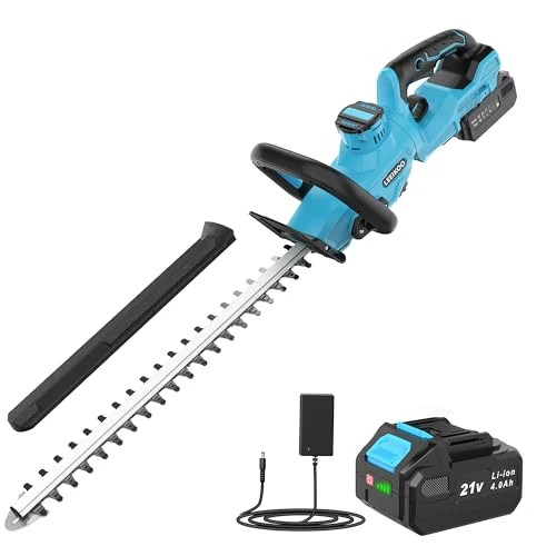 LEEIKOO Hedge Trimmer Battery, Electric Hedge Trimmer with 4000 mAh Battery, 180° Adjustable Hedge Trimmer, 51 cm Blade Length, 16 mm Tooth Spacing, Blade Cover for Hedges, Branches, Shrubs, Branches