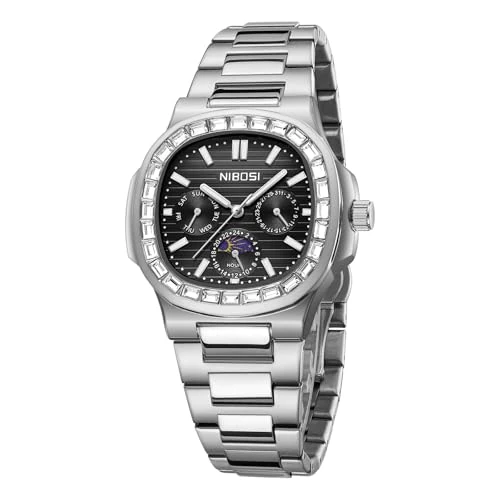 Oferta limitada: NIBOSI Relojes para hombre analógicos de cuarzo, multifunción, cronógrafo, fase lunar, resistente al agua, luminoso, con bisel de diamante, esfera de acero inoxidable, color oro rosa, plateado, reloj de 16.87 € a 16.87 € (ahorro 0.0%)