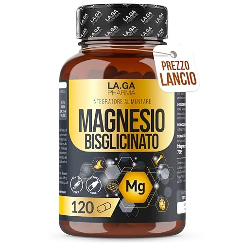 MAGNESIO BISGLICINATO (Fornitura Fino a 4 Mesi), Magnesio Completo 120 Capsule con Vitamine B5, B6 e B1. Integratore Stanchezza e Stress. Senza Glutine e Senza Lattosio, Made In Italy. LAGA PHARMA