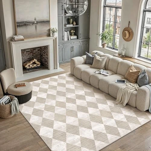 PureCozy Rugs Living Room Area Rug 200x300cm Beige Bedroom Large Checkered Carpet Washable Non Slip Lounge Office Dining Room Soft Low Pile Modern Geometric Carpets