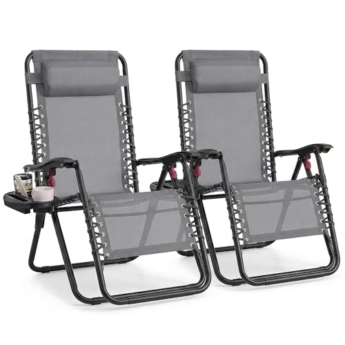 SONGMICS Set da 2 Sedie a Sdraio Pieghevoli, Poltrone a Gravità Zero, Lettini Prendisole Portata 110 kg per Sedia, Poggiatesta Regolabile, Vassoio, per Terrazza e Giardino, Grigio Scuro GLB032GZ02