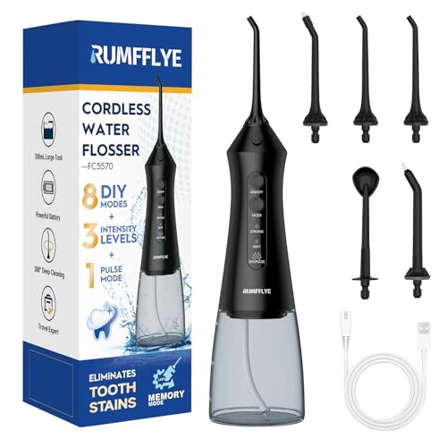 RUMFFLYE Munddusche Kabellos Elektrischer,Munddusche 8+3+1 Modi & 5 Multifunktions-Düsen,300ML Tank IPX7,Water Flosser für die Tiefenreinigung, geeignet für Reisen und die tägliche Pflege(Schwarz)