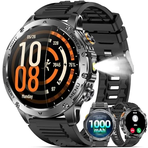 Oferta limitada: Karchilor Reloj Inteligente Hombre con Llamadas, 1000mAH Smartwatch con LED Linterna/5ATM Impermeable/100+ Modos Deportivos/SpO2/Pulsómetro/Sueño, Pulsera Actividad Android iOS de 99.99 EUR a 99.99 EUR (ahorro 0%)