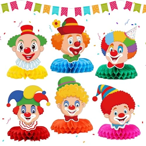 KERYBW Clown dekoracja stołu na karnawał, 6 sztuk dekoracyjnych nakładek na stół, dekoracja stołu 3D, plaster miodu, dekoracja stołu na karnawał, cyrk