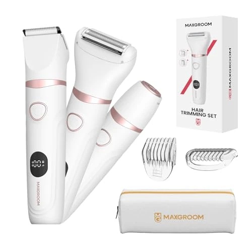 Offerta a tempo: MAXGROOM Rasoio Elettrico Donna, 3-in-1 Impermeabile Depilatore Corpo Donna, Rasoio Parti Intime Kit per Viso, Corpo e Inguine con Lama Ceramica, Ricarica Rapida Type-C, Led Display (Bianco) - 57% da 59.99 € a 25.72 €