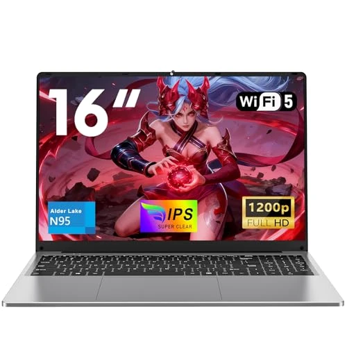 NAIKLULU 16 Zoll Notebook Prozessor N95 (1,0 bis 3,4 GHz), RAM 16 GB SSD 512 GB Laptop, 1920 x 1200P / Tastatur mit Hintergrundbeleuchtung / 6000 mAh / Lector de Huellas Dactilares