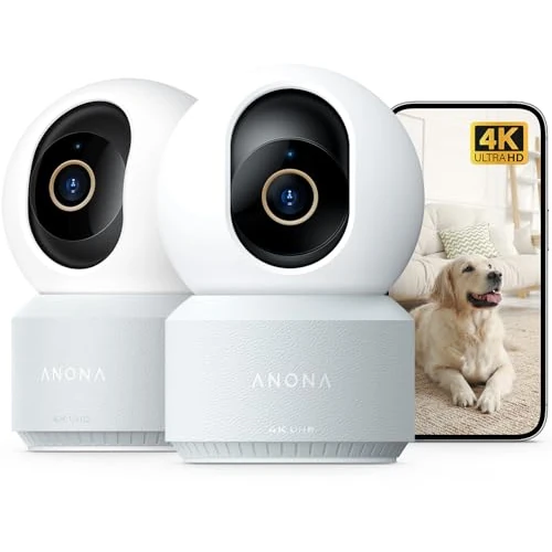 Offre limitée : Anona 4K(8MP) Caméra Surveillance WiFi Intérieur, 360° Suivi Auto, Sécurité Bébé/Chien/Animaux avec App, WiFi 6 Bi-Bande 2,4/5GHz, Détection IA Humaine/Pleurs, Mode Privé, Audio 2-Voies, Lot de 2 de 109.98 € à 94.99 € (14% de remise)