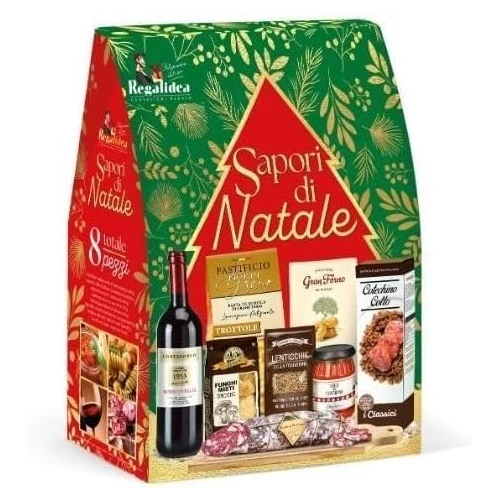 Cesto Natalizio 8 Pezzi “Sapori di Natale”, Confezione Regalo Gourmet con Prodotti Tipici Italiani, Idea Regalo Elegante per le Feste edizione 2025! in omaggio un favoloso portachiavi !
