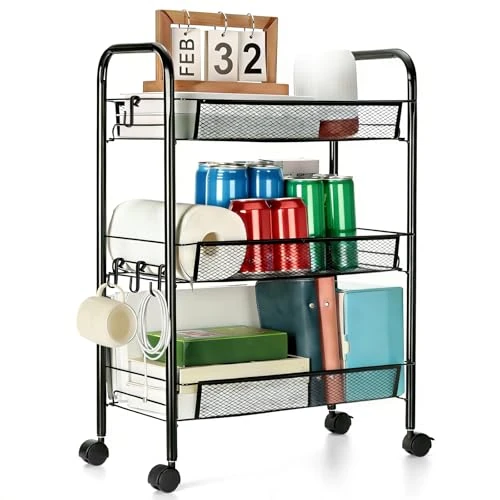 Offerta a tempo: Cozary Carrello Portaoggetti a 3 Livelli, Carrello Cucina Metallo Carrellino con Ganci, Carrellino con Ruote Portatutto, per Ufficio, Soggiorno, Cucina, 27 x 45 x 65 cm, Nero - 0.00% da 25.99 € a 25.99 €