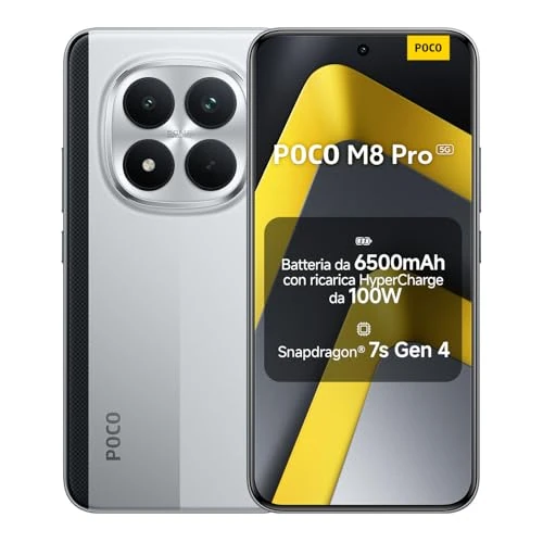 XIAOMI POCO M8 Pro, Smartphone 12+512GB, 6.83" CrystalRes 1.5K AMOLED Display, Snapdragon® 7s Gen 4, 50Mp Light Fusion 800 with OIS, IP68 Dust and Water Resistance, Silver, Charger Not Included