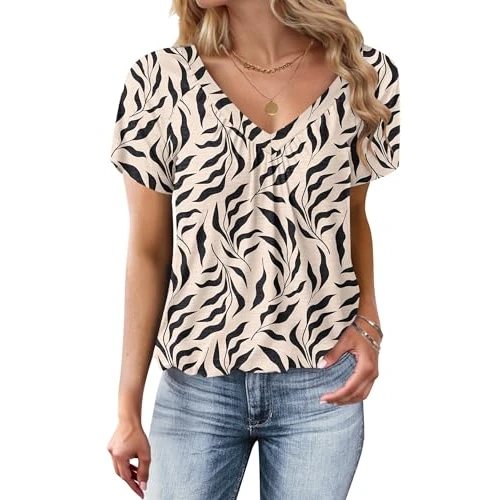 Offerta a tempo: WNEEDU Maglietta Donna Manica Corta T-Shirt a Orlo a Bolla Estivo Scollo V Top Foglie Nere di Colore Albicocca M - 15% da 19.99 € a 16.99 €