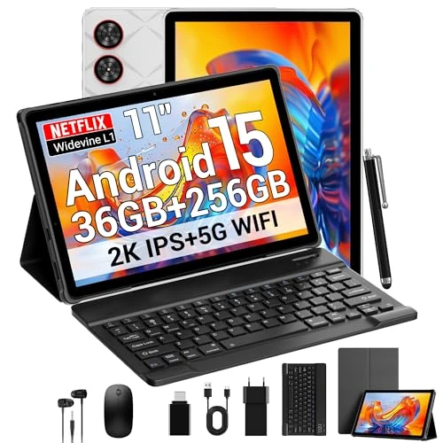 SADSYMB 2026 Dernières 2K Tablette 11 Pouces avec Android 15, Octa-Core, 36GB RAM+256GB ROM (1TB TF), 5G WiFi, 2000 x 1200 Incell, Widevine L1/8000mAh/13MP+8MP/GPS, Tablet avec Clavier et Souris(Gris)