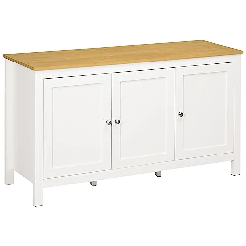 Offerta a tempo: HOMCOM Credenza Cucina con 3 Ante, Mobile Cucina Moderno con Ripiano Regolabile, Credenza Buffet per Soggiorno, Sala da Pranzo e Salotto, 120x40x70 cm, Bianco e Color Legno - 14% da 125.95 € a 108.86 €