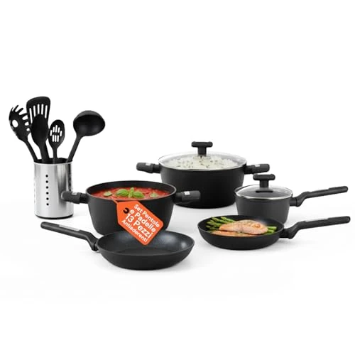 Offerta a tempo: Avilia Set Pentole Induzione 13 Pezzi Antiaderenti con Mestoli, Nero | Batteria di pentole e padelle in alluminio con coperchi in vetro temperato, per tutti i piani cottura - 0.00% da 49.59 € a 49.59 €
