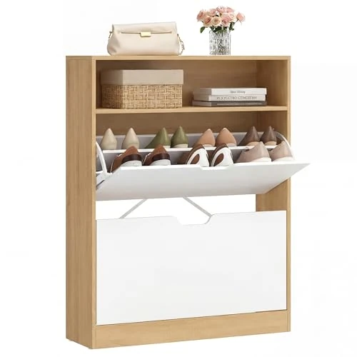 Offerta a tempo: VASAGLE CUSTOS Collezione - Scarpiera, Scaffale Portascarpe, Scomparto Aperto, Divisorio Regolabile, Ingresso, 2 Ante a Ribalta, 24 x 80 x 102 cm, 14-16 Paia, Rovere Dorato e Bianco Nuvola LBC048YA02 - 18% da 64.99 € a 52.99 €
