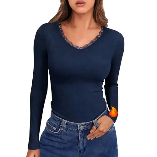 Offre limitee: Crewhpo sous Vetement Thermique Femme col V Haut Thermique à Manches Longues Maillot de Corps Thermique en Dentelle T-Shirt Slim Fit Décontracté pour Hiver Automne de 21.99 EUR a 14.99 EUR (economie 32%)