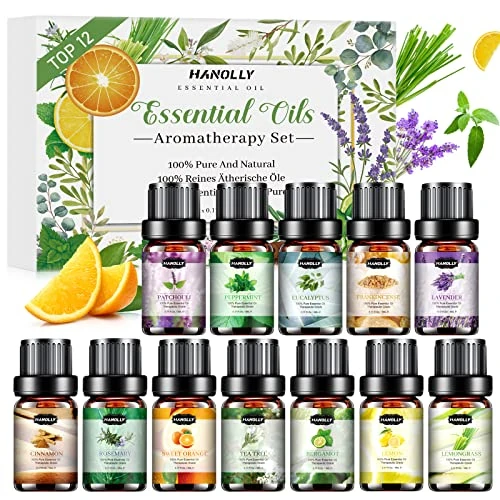 Hanolly Ätherische Öle Set, 12 x 5 ml Naturrein Aromatherapie Duftöle für Diffuser, Luftbefeuchter, Kerzenherstellung