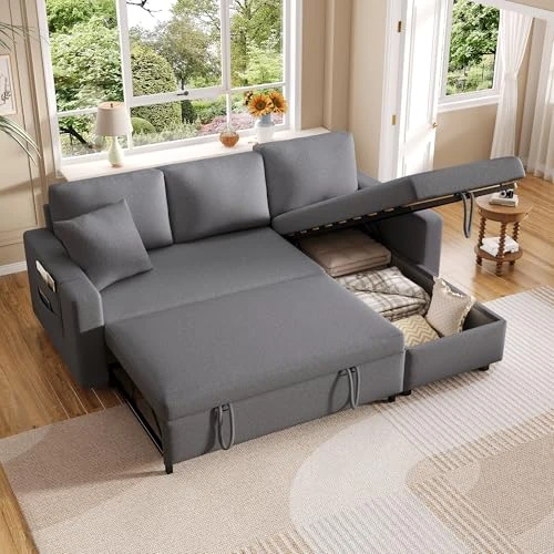 Bladez Sofá cama en forma de L con espacio de almacenamiento, chaise longue intercambiable, moderno sofá esquinero para sala de estar, sofá cama de algodón y lino, sofá cama extensible (gris-B, 3