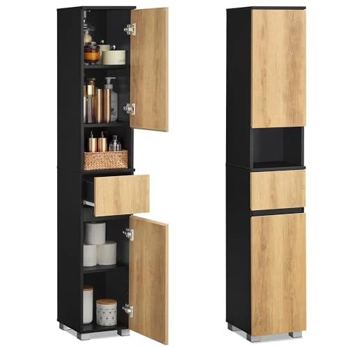 Zeitlich begrenztes Angebot: VASAGLE Badezimmerschrank, Badschrank, Badezimmermöbel mit Einer Schublade, verstellbare Ablagen, offenes Fach, 30 x 30 x 170,2 cm, tintenschwarz-naturbraun BBK560BC01 von 60.81 € auf 53.16 € (13% Rabatt)