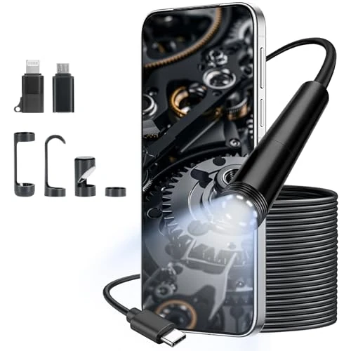 Offerta a tempo: VINATO Endoscopio per Smartphone 10m, Telecamera Ispezione 1080P HD Impermeabile IP67, Sonda 8mm con 8 LED, Connessione Diretta Type-C (Adattatore iPhone/Android Incluso) per Autoveicoli, Tubature - 0.00% da 26.99 € a 26.99 €