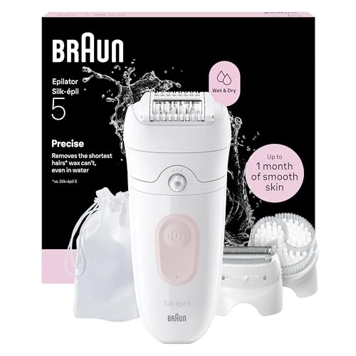 Braun Silk·épil 5, Wet & Dry Epilator, Easy Hair Removal, Lasting Smooth Skin, Includes Shaver Head, Trimmer Comb and Exfoliation Brush, 5-060, Flamingo Pink