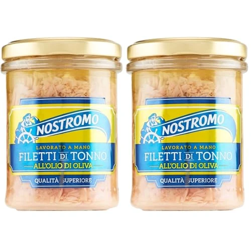 Offerta a tempo: Nostromo - Filetti di Tonno all'Olio di Oliva, Qualità Superiore, Lavorati a Mano, 1 Vasetto in Vetro da 180 gr (Confezione da 2) - 34% da 8.78 € a 5.78 €