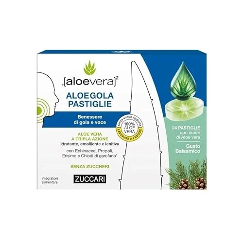 Zuccari [aloevera]2 - AloeGola 24 Pastiglie - Benessere di gola e voce con Aloe Vera a tripla azione Idratante, Emolliente e Lenitiva (Balsamico)
