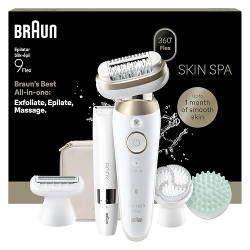 Braun Silk Epil 9 Flex SkinSpa Epilatore Elettrico Donna Testina Flessibile 360° Per Epilazione Semplice, Rasoio Elettrico Donna, Pelle Liscia A Lungo, Wet&Dry, Con Mini Rifinitore Corpo,9-481 3D,Oro
