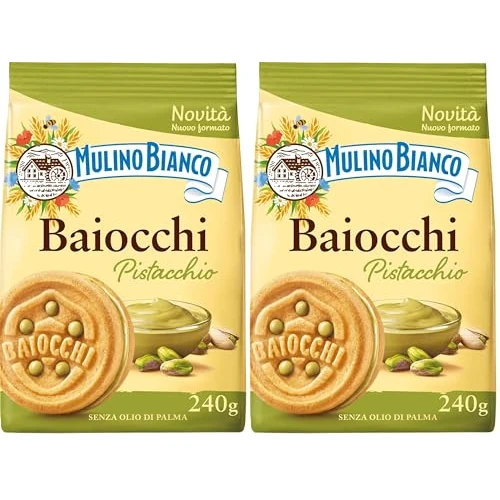 Mulino Bianco Biscotti Baiocchi al Pistacchio, Biscotti con Pistacchio e Pastafrolla Ideali per Colazione o Merenda, Senza Olio di Palma, 1 Sacchetto da 240g (Confezione da 2)