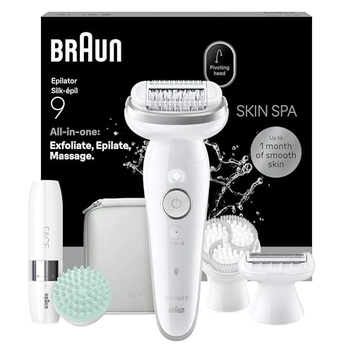 Braun Silk Epil 9 SkinSpa, damski depilator elektryczny z elastyczną główką, mokra i sucha, długotrwała gładka skóra, szczotka złuszczająca, akcesoria do masażu ciała, głowica ślizgowa, nasadka
