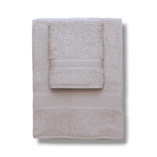 Zucchi Set Serviettes 1+1 Journey en éponge de pur coton 430 g/m² - Serviette Visage 60 x 110 cm et Invité 40 x 60 cm - Balza Jacquard (Beige)