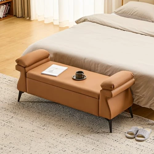 Offerta a tempo: Ckaff Panca Contenitore Camera da Letto 128x44x53cmm, Panca Fondo Letto Matrimoniale, Cassapanca Pouf Organizzatore Ottomano in Pelle PU per Camera da Letto Soggiorno Ingresso, Marrone Chiaro - 38% da 129.99 € a 81.21 €