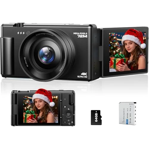 Cámara Digital 4K, 72MP Autofocus Vlog Cámara de Fotos Enfoque Zoom Digital 18X, Pantalla Flip de 2.8" 270° Camara Digital Compacta con Tarjeta de 64GB y Batería para Principiantes, Adolescentes